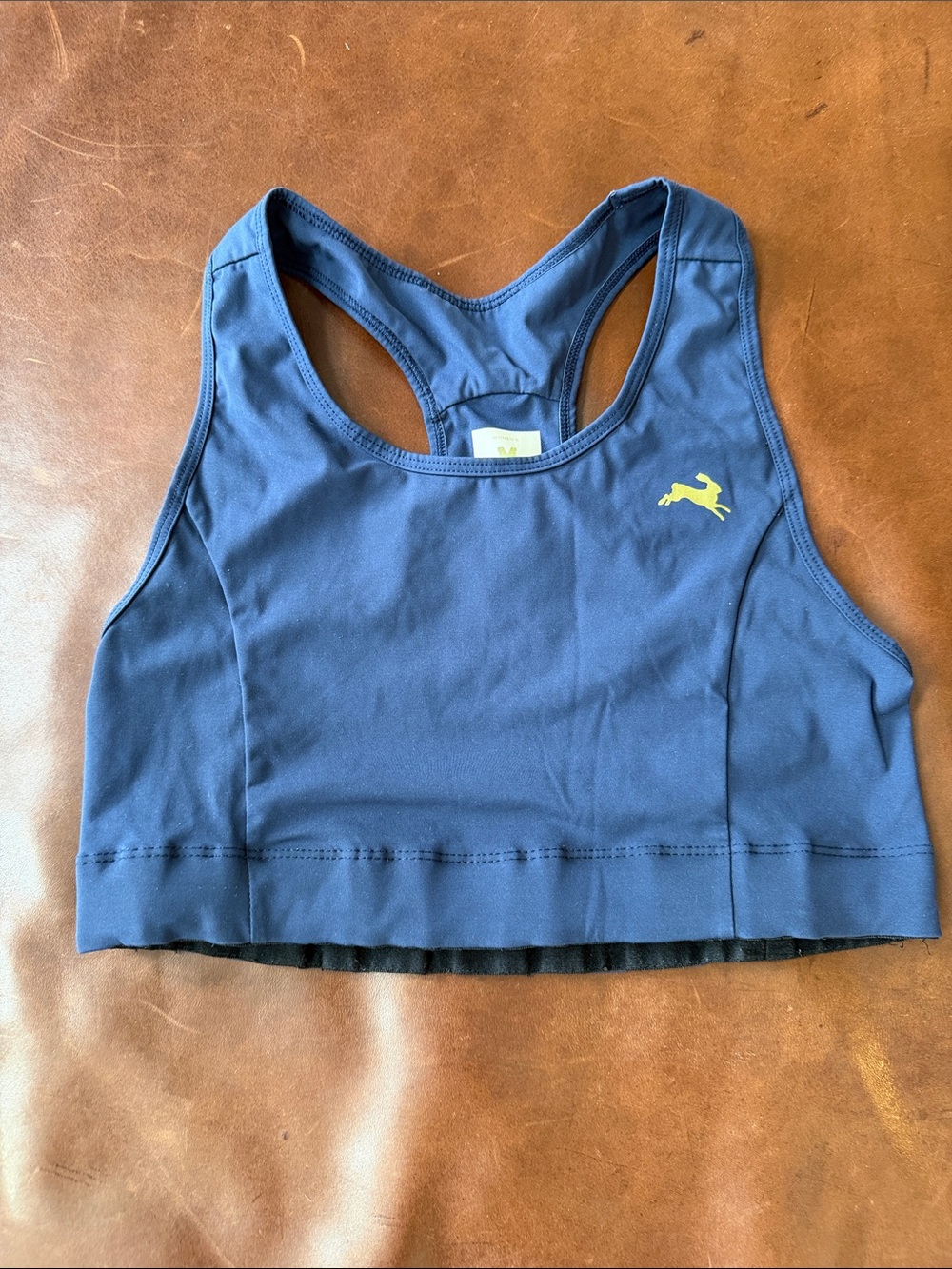 Tracksmith Navy Racerback Sports Bra with Yellow Logo